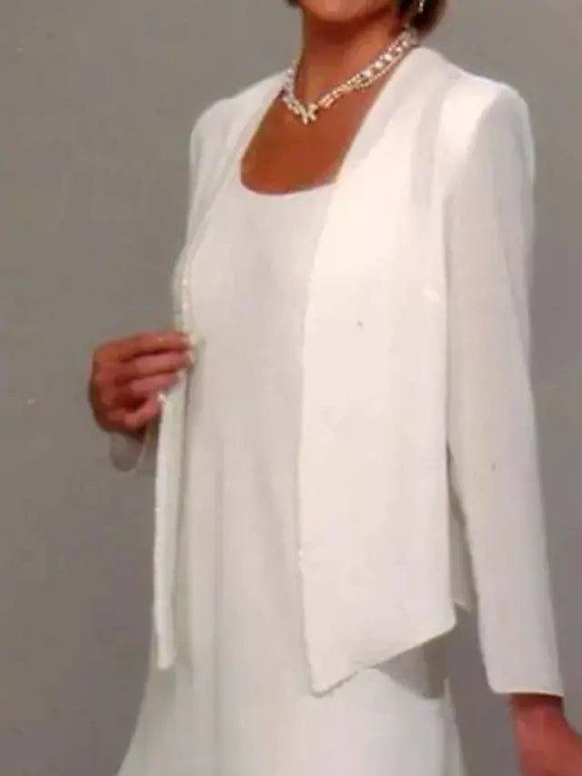 Sheath / Column Mother of the Bride Dress Elegant Jewel Neck Knee Length Chiffon Long Sleeve with Ruffles - RongMoon