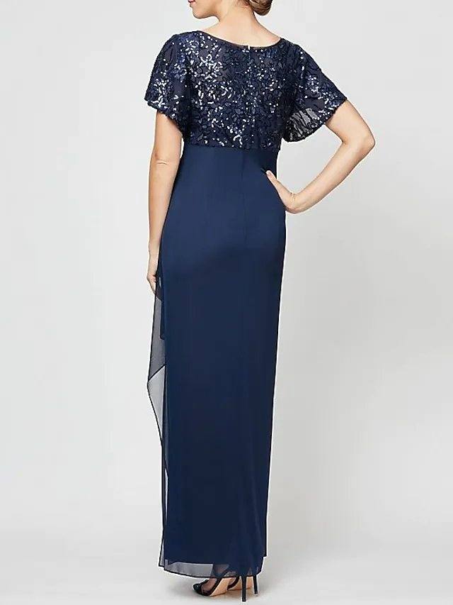 Sheath / Column Mother of the Bride Dress Elegant V Neck Floor Length Chiffon Sequined Short Sleeve with Sequin Ruching - RongMoon
