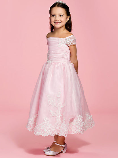 A-Line Ankle Length Organza First Communion Dress With Bow Ruched Appliques