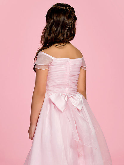 A-Line Ankle Length Organza First Communion Dress With Bow Ruched Appliques
