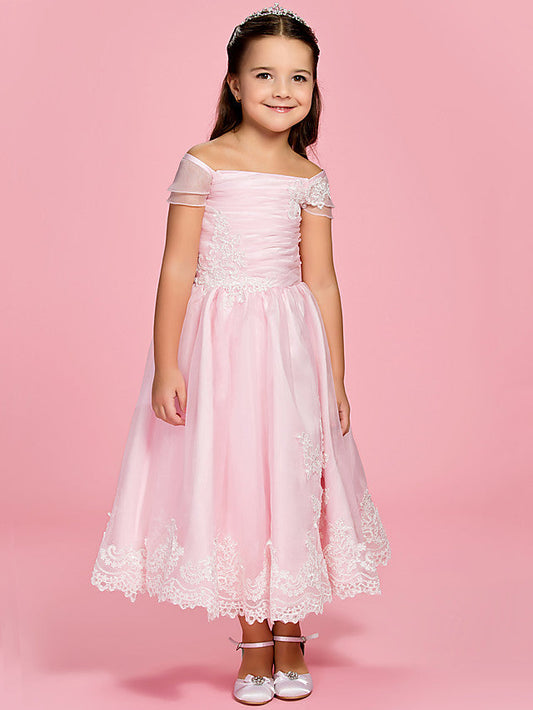 A-Line Ankle Length Organza First Communion Dress With Bow Ruched Appliques