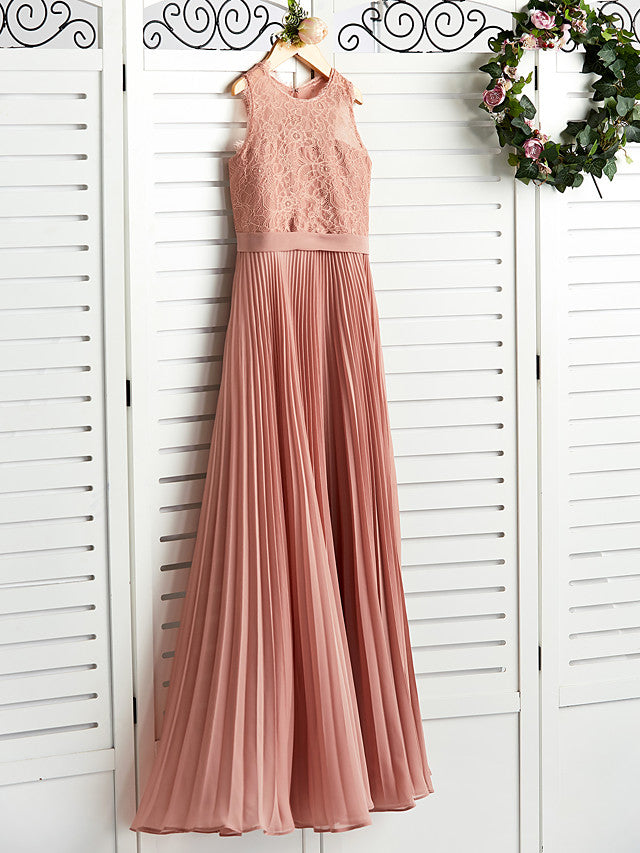 A-Line Crew Neck Flower Girl Maxi Dress with Chiffon Lace and Lace Pleats