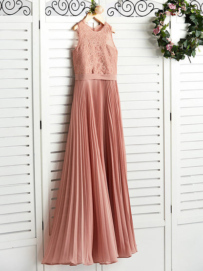 A-Line Crew Neck Flower Girl Maxi Dress with Chiffon Lace and Lace Pleats