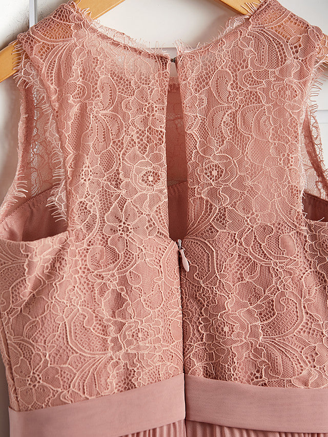 A-Line Crew Neck Flower Girl Maxi Dress with Chiffon Lace and Lace Pleats