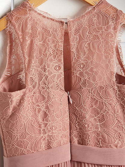 A-Line Crew Neck Flower Girl Maxi Dress with Chiffon Lace and Lace Pleats