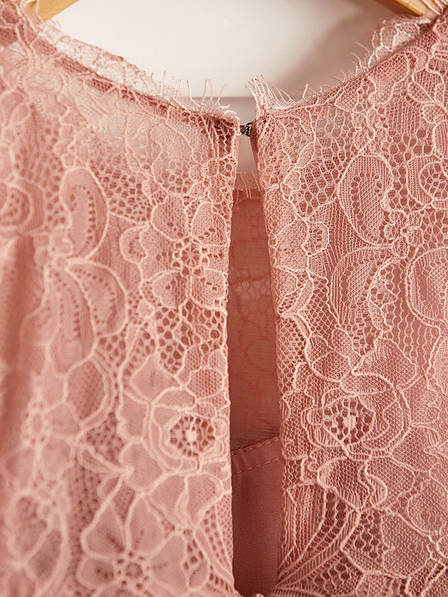 A-Line Crew Neck Flower Girl Maxi Dress with Chiffon Lace and Lace Pleats
