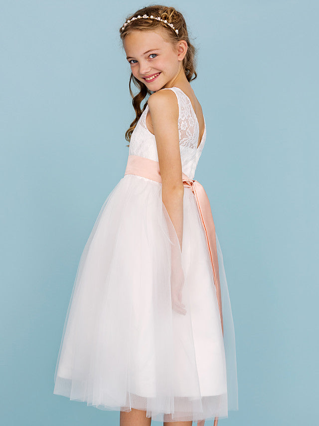 A-Line Crew Neck Tea Length Lace & Tulle Junior Bridesmaid Dress w/ Sash Ribbon Pleats for Weddings & Parties Open Back & See Through Design