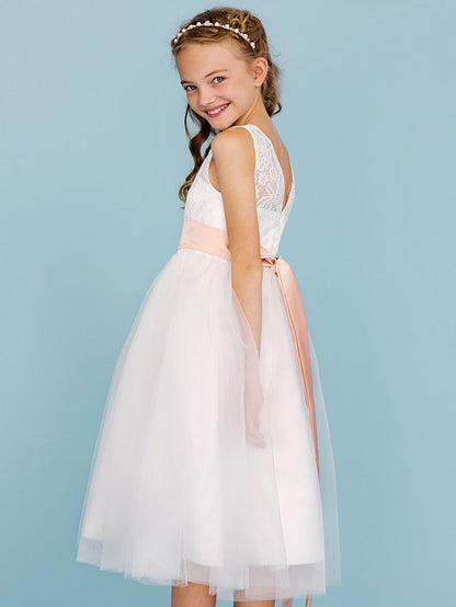 A-Line Crew Neck Tea Length Lace & Tulle Junior Bridesmaid Dress w/ Sash Ribbon Pleats for Weddings & Parties Open Back & See Through Design