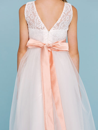 A-Line Crew Neck Tea Length Lace & Tulle Junior Bridesmaid Dress w/ Sash Ribbon Pleats for Weddings & Parties Open Back & See Through Design