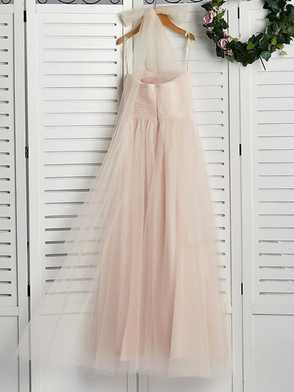 A-Line Halter Neck Floor Length Tulle Junior Bridesmaid Dress with Ruching