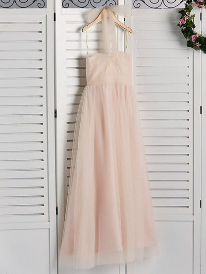 A-Line Halter Neck Floor Length Tulle Junior Bridesmaid Dress with Ruching