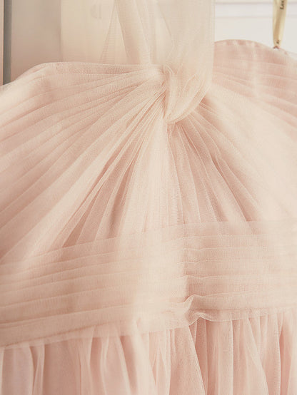 A-Line Halter Neck Floor Length Tulle Junior Bridesmaid Dress with Ruching