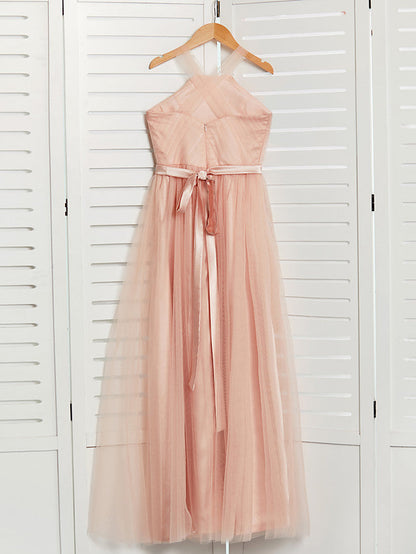 A-Line Halter Neck Maxi Tulle Bridesmaid Dress with Sash Ribbon Beading for Weddings