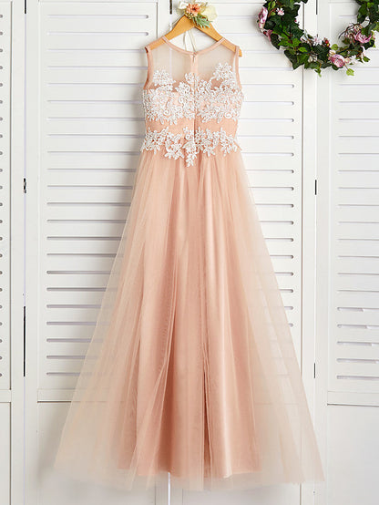 A-Line Jewel Neck Brush Train Flower Girl Dress with Lace Tulle and Appliques