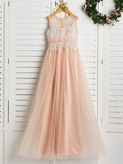 A-Line Jewel Neck Brush Train Flower Girl Dress with Lace Tulle and Appliques