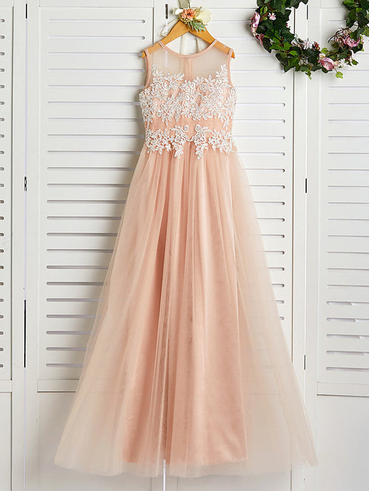 A-Line Jewel Neck Brush Train Flower Girl Dress with Lace Tulle and Appliques