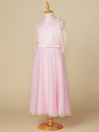 A-Line Jewel Neck Lace/Tulle Junior Bridesmaid Dress with Bow(s) for Wedding Party