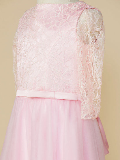 A-Line Jewel Neck Lace/Tulle Junior Bridesmaid Dress with Bow(s) for Wedding Party