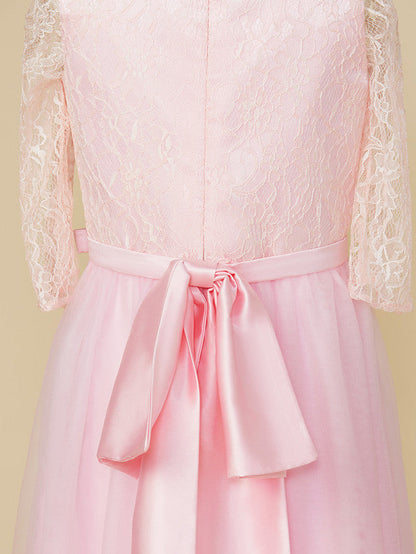 A-Line Jewel Neck Lace/Tulle Junior Bridesmaid Dress with Bow(s) for Wedding Party