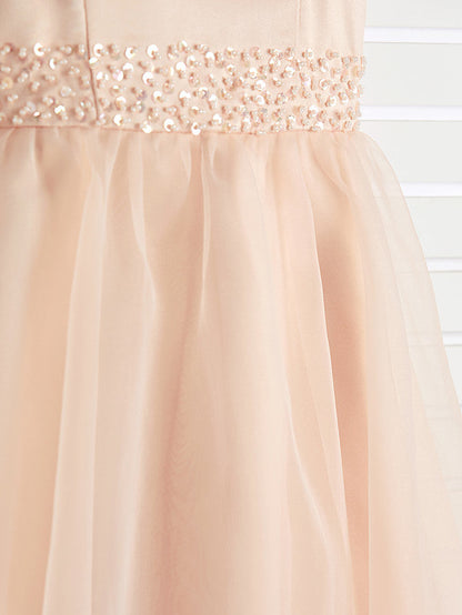 A-Line Jewel Neck Organza Satin Flower Girl Dress With Beading Tier