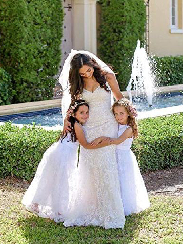 A-Line Jewel Sleeveless Flower Girl Dress with Lace and Belt