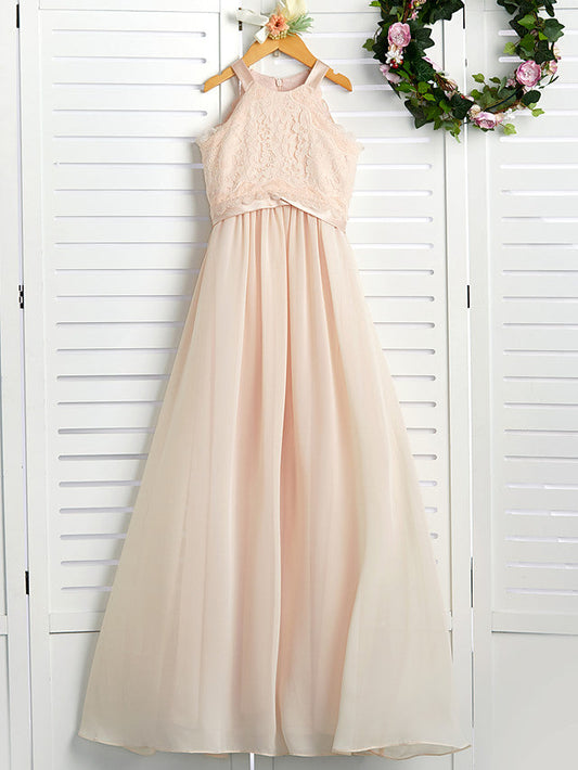 A-Line Junior Bridesmaid Dress with Chiffon Lace Sash & Ribbon