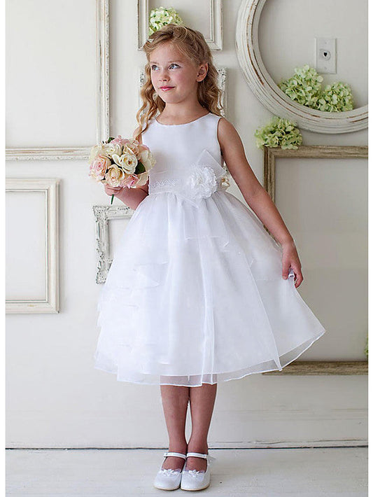 A-Line Knee Length Sleeveless Jewel Neck Flower Girl Dress Satin Tulle With Appliques Ruching