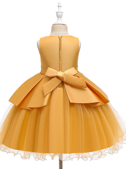 A-Line Knee Length Wedding / Party Dress - Tulle / Matte Satin / Poly&Cotton Blend Jewel Neck with Lace / Bow(S) / Beading