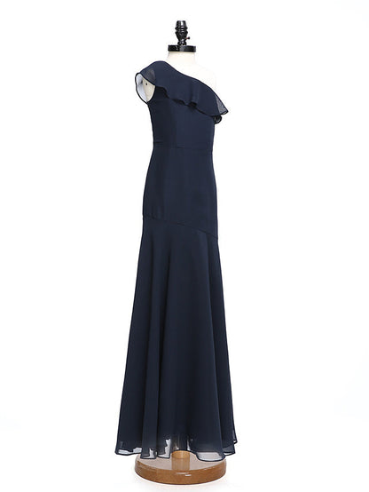 A-Line One Shoulder Floor Length Chiffon Junior Bridesmaid Dress with Ruffles for Natural Look
