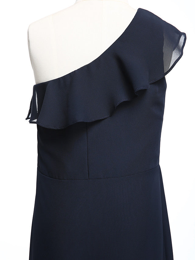 A-Line One Shoulder Floor Length Chiffon Junior Bridesmaid Dress with Ruffles for Natural Look