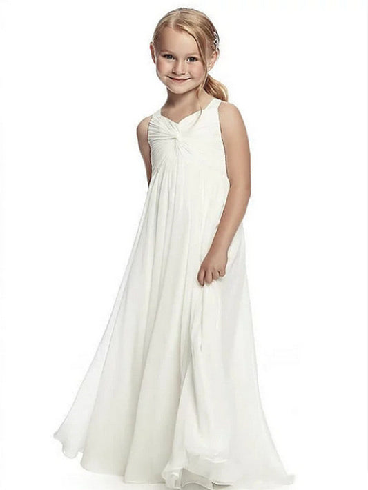A-Line Round Neck Chiffon Junior Bridesmaid Dress With Side Draping for First Communion