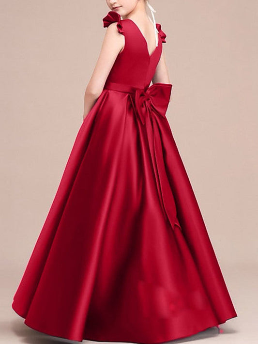A-Line Round Neck Satin Junior Bridesmaid Dress with Bows & Ruffles