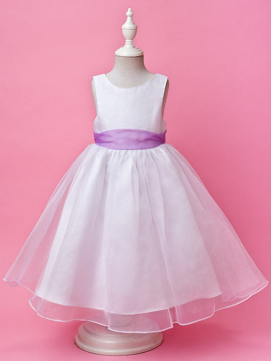 A-Line Satin Sleeveless Jewel Flower Girl Dress with Buttons