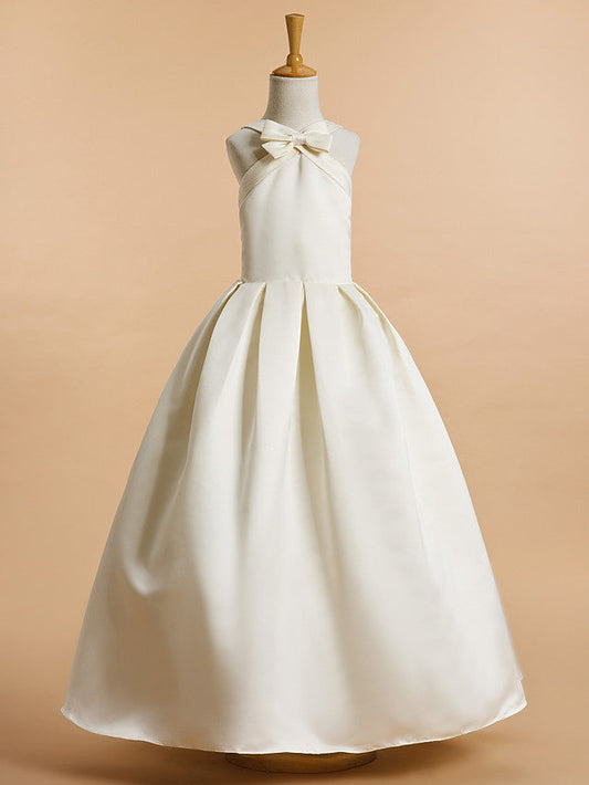 A-Line Satin Sleeveless V Neck Flower Girl Dresses with Bow