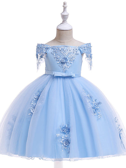 A-Line Short Sleeve Off Shoulder Flower Girl Dress with Petal Sash Ribbon Trim