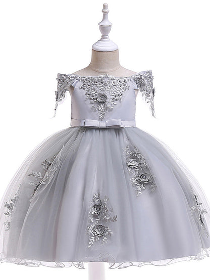 A-Line Short Sleeve Off Shoulder Flower Girl Dress with Petal Sash Ribbon Trim