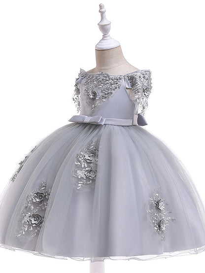 A-Line Short Sleeve Off Shoulder Flower Girl Dress with Petal Sash Ribbon Trim