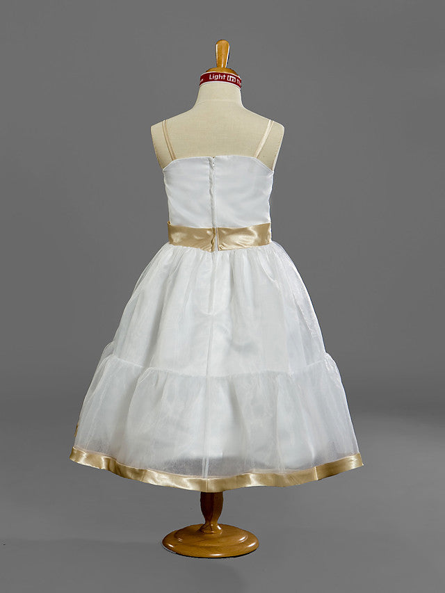 A-Line Spaghetti Strap Tea Length Organza Princess Junior Bridesmaid Dress With Sash / Ribbon for Spring / Summer / Fall / Winter / Apple