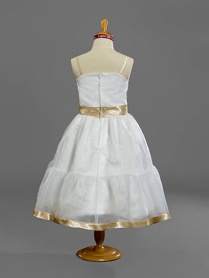 A-Line Spaghetti Strap Tea Length Organza Princess Junior Bridesmaid Dress With Sash / Ribbon for Spring / Summer / Fall / Winter / Apple