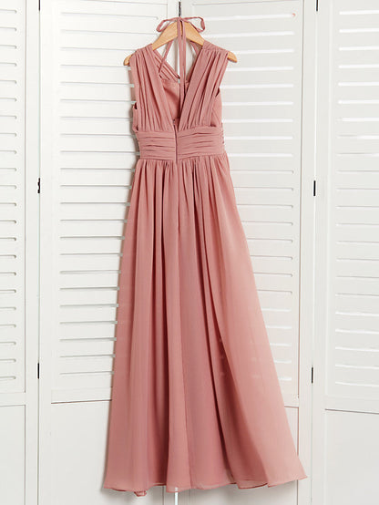 A-Line V Neck Flower Girl Dress with Pleats Ruching and Maxi Chiffon