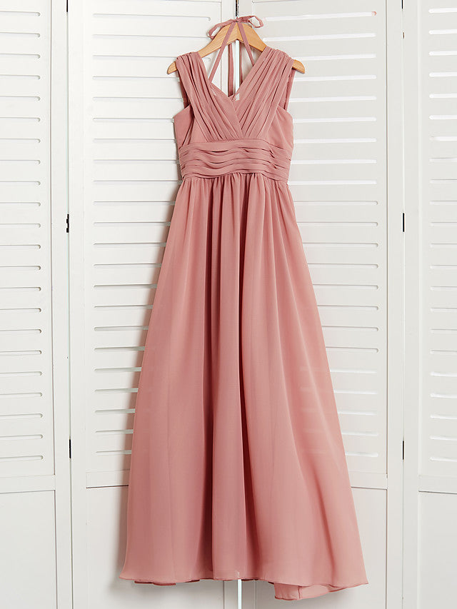 A-Line V Neck Flower Girl Dress with Pleats Ruching and Maxi Chiffon
