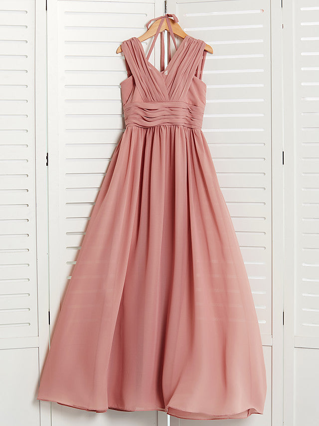 A-Line V Neck Flower Girl Dress with Pleats Ruching and Maxi Chiffon