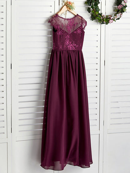 A-Line V Neck Maxi Chiffon/Lace Junior Bridesmaid Dress With Appliques