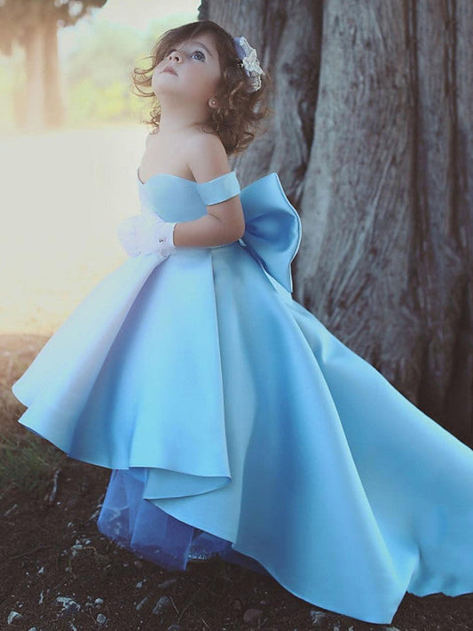 Adorable Satin Ball Gown Short Sleeve Off Shoulder Flower Girl Dress with Bow Tier