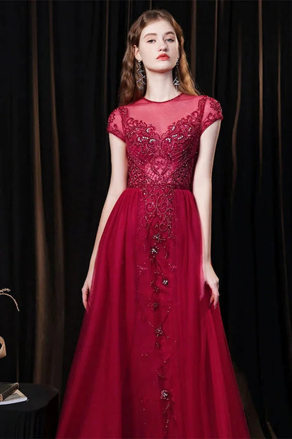 Amazing Burgundy Cap Sleeves Tulle Evening Party Gowns With Beadings