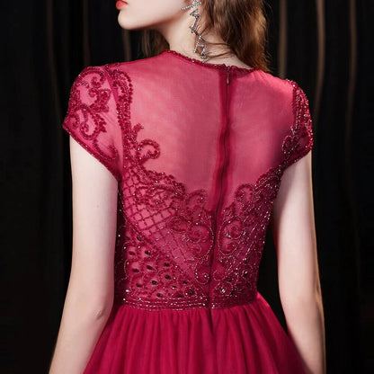 Amazing Burgundy Cap Sleeves Tulle Evening Party Gowns With Beadings