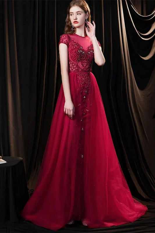 Amazing Burgundy Cap Sleeves Tulle Evening Party Gowns With Beadings