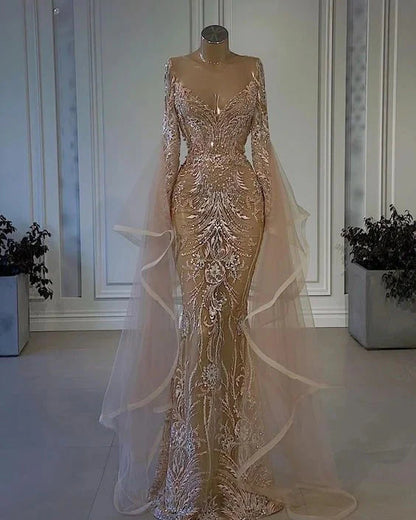 Amazing Ruffle Long Sleeves Evening Dress Tulle Lace Mermaid Dress