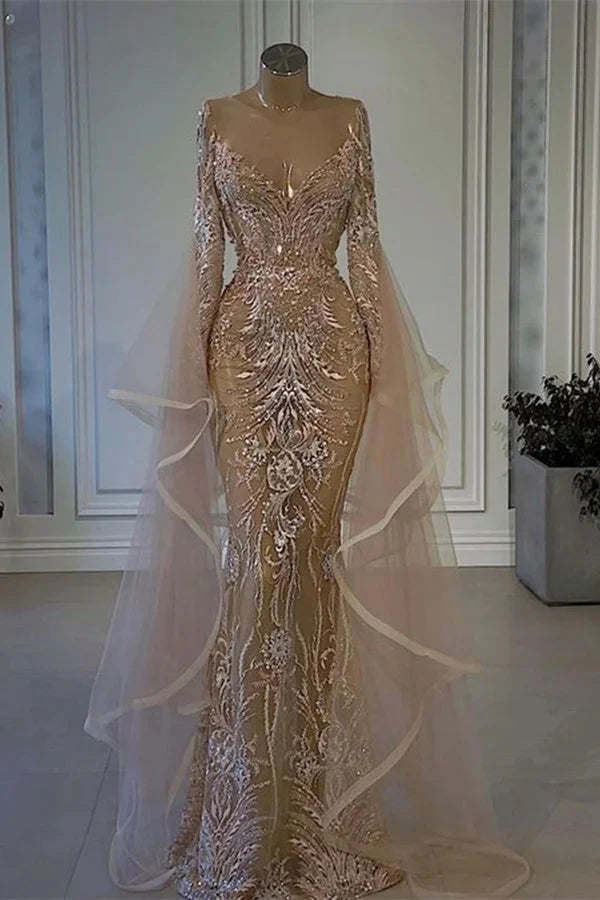 Amazing Ruffle Long Sleeves Evening Dress Tulle Lace Mermaid Dress