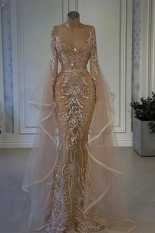 Amazing Ruffle Long Sleeves Evening Dress Tulle Lace Mermaid Dress